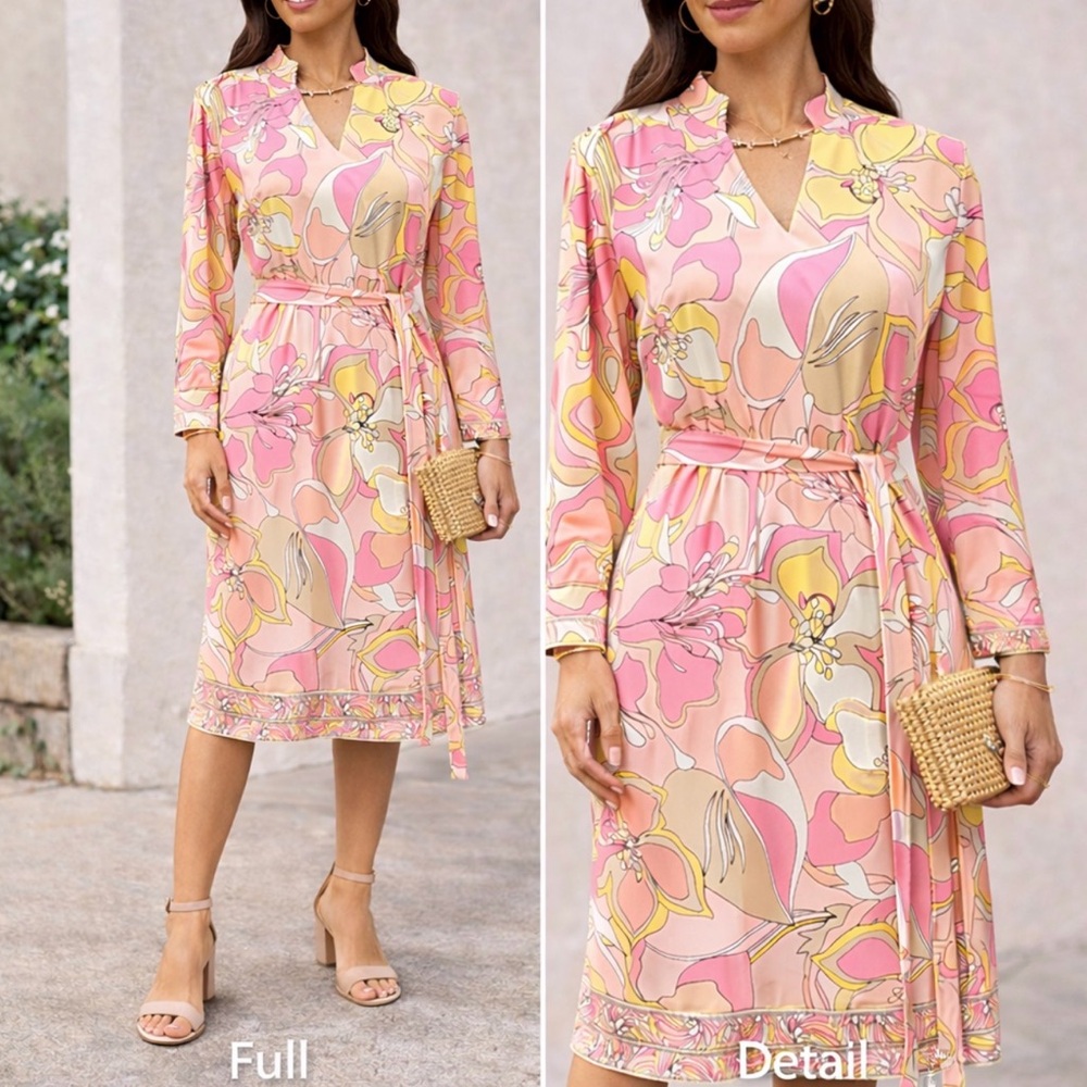 Tahari Arthur S. Levine Size 4 Floral Sheath Dress Pink Yellow Belted Retro Mod